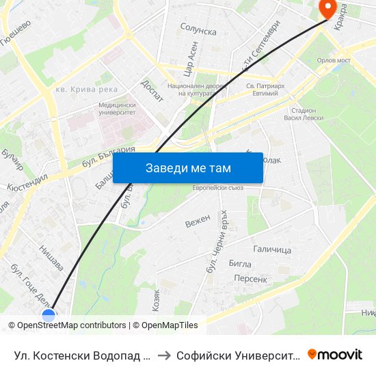 Ул. Костенски Водопад / Kostenski Vodopad St. (2010) to Софийски Университет “Св. Климент Охридски"" map