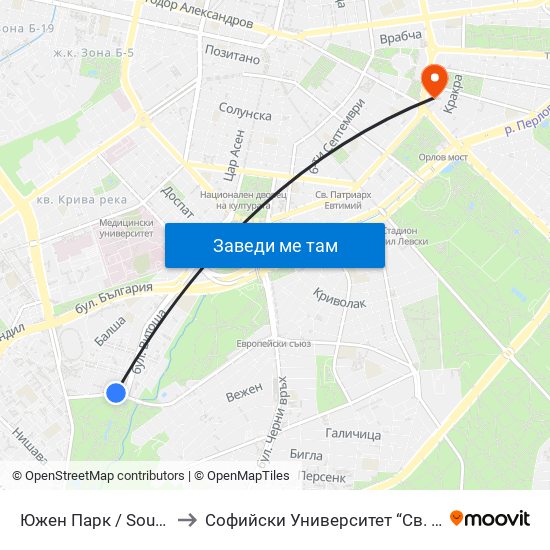 Южен Парк / South Park (2379) to Софийски Университет “Св. Климент Охридски"" map