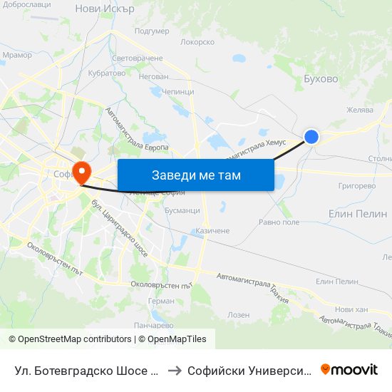 Ул. Ботевградско Шосе / Botevgradsko Shosse St. (2816) to Софийски Университет “Св. Климент Охридски"" map