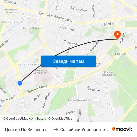 Център По Хигиена / Centre Of Hygiene (2342) to Софийски Университет “Св. Климент Охридски"" map