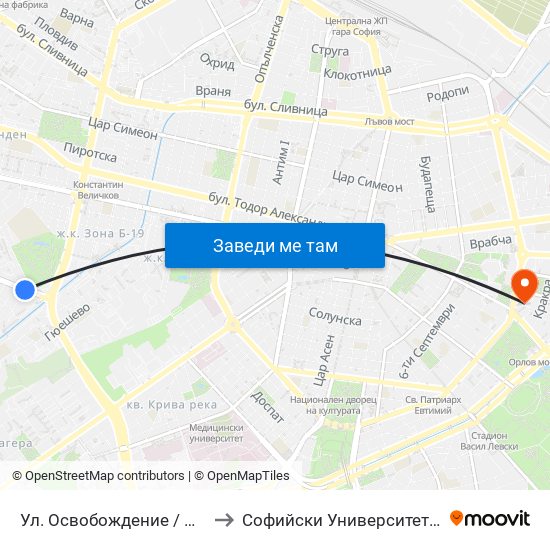 Ул. Освобождение / Osvobozhdenie St. (2099) to Софийски Университет “Св. Климент Охридски"" map