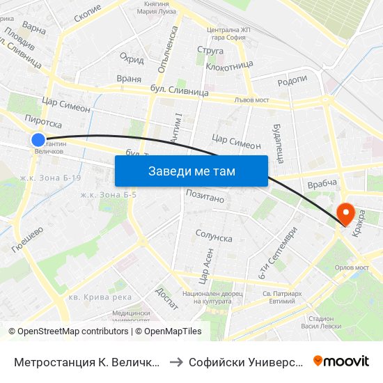 Метростанция К. Величков / K. Velichkov Metro Station (1051) to Софийски Университет “Св. Климент Охридски"" map