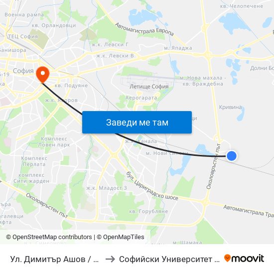 Ул. Димитър Ашов / Dimitar Ashov St. (2758) to Софийски Университет “Св. Климент Охридски"" map