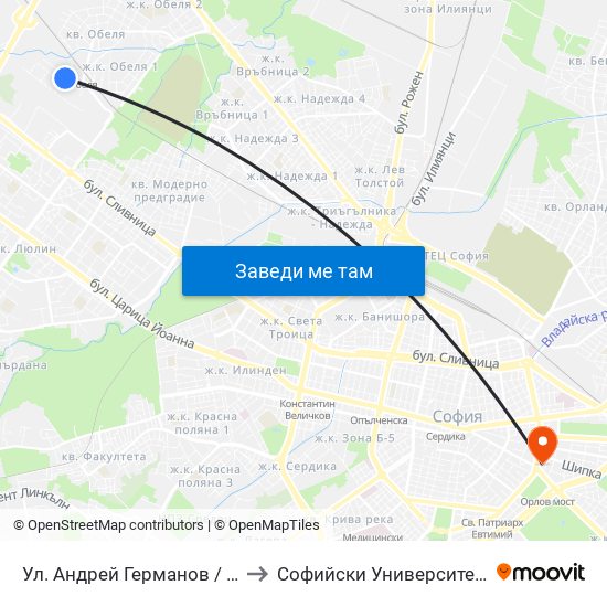 Ул. Андрей Германов / Andrey Germanov St. (2562) to Софийски Университет “Св. Климент Охридски"" map