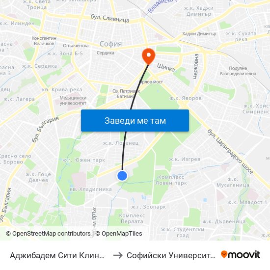 Аджибадем Сити Клиник / Acibadem City Clinic (2778) to Софийски Университет “Св. Климент Охридски"" map
