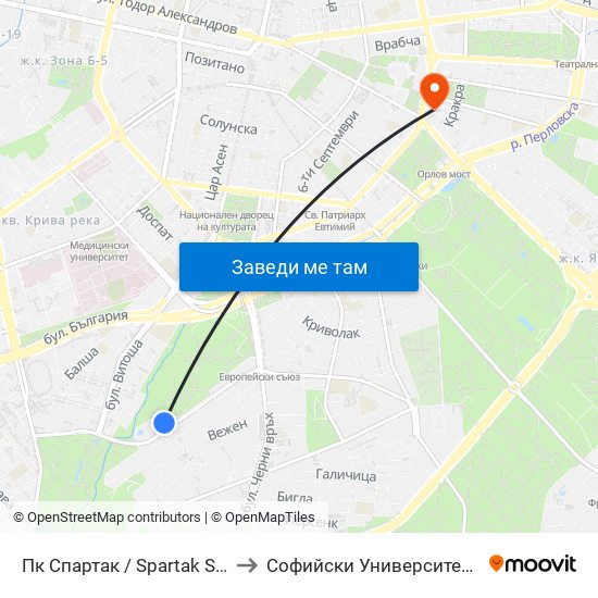 Пк Спартак / Spartak Swimming Complex (6639) to Софийски Университет “Св. Климент Охридски"" map