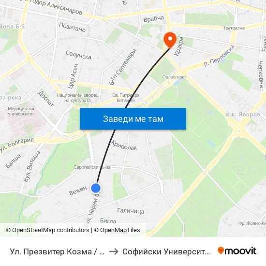 Ул. Презвитер Козма / Cosmas the Priest St. (6614) to Софийски Университет “Св. Климент Охридски"" map