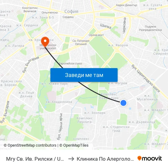 🎓 Минно-Геоложки Университет / University Of Mining And Geology (1033) to Клиника По Алергология, Астма И Клинична Имунология map