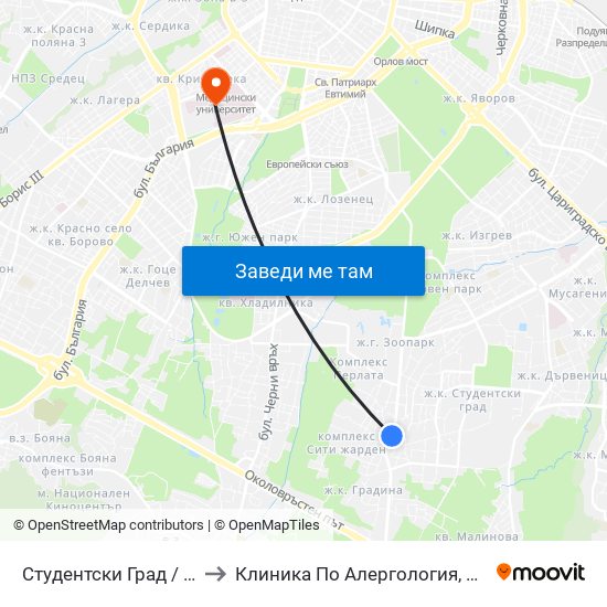 Студентски Град / Students' Town (2382) to Клиника По Алергология, Астма И Клинична Имунология map