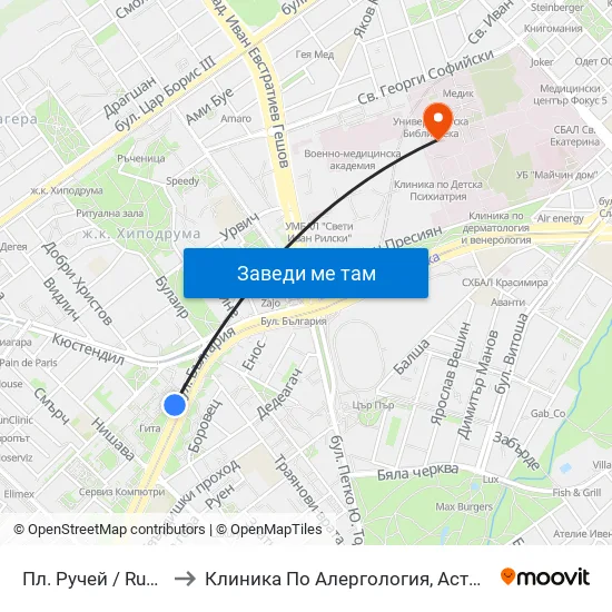 Пл. Ручей / Ruchey Sq. (1306) to Клиника По Алергология, Астма И Клинична Имунология map