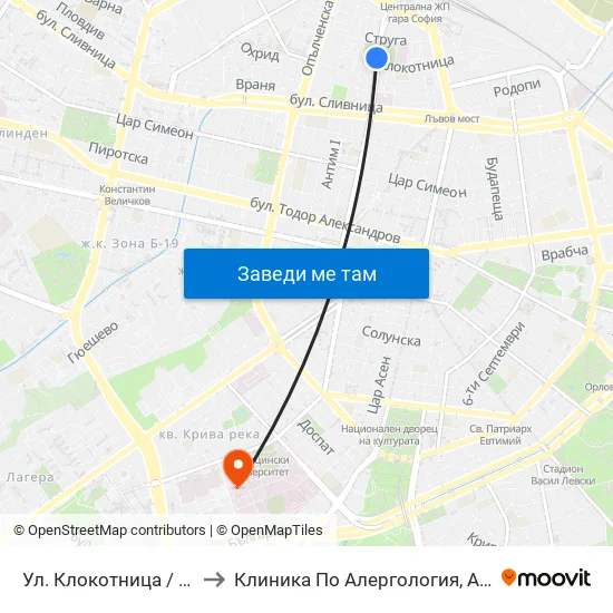 Ул. Клокотница / Klokotnitsa St. (1326) to Клиника По Алергология, Астма И Клинична Имунология map