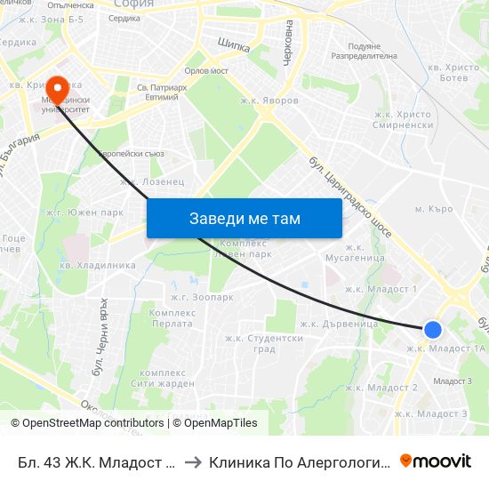 Бл. 43 Ж.К. Младост 1 / Bl. 43, Mladost 1 Qr. (0218) to Клиника По Алергология, Астма И Клинична Имунология map