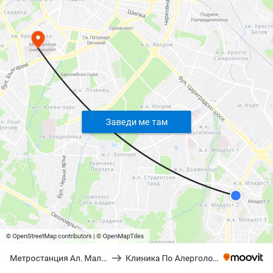 Метростанция Ал. Малинов / Al. Malinov Metro Station (0169) to Клиника По Алергология, Астма И Клинична Имунология map