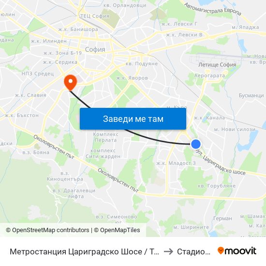 Метростанция Цариградско Шосе / Tsarigradsko Shosse Metro Station (1016) to Стадион Раковски map