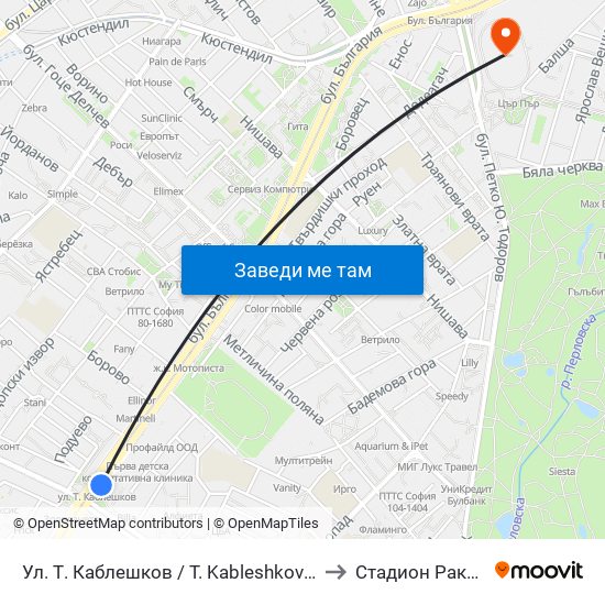 Ул. Т. Каблешков / T. Kableshkov St. (2213) to Стадион Раковски map