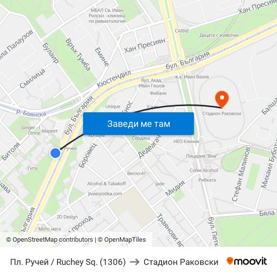 Пл. Ручей / Ruchey Sq. (1306) to Стадион Раковски map