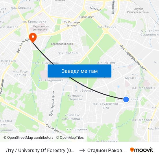 Лту / University Of Forestry (0617) to Стадион Раковски map