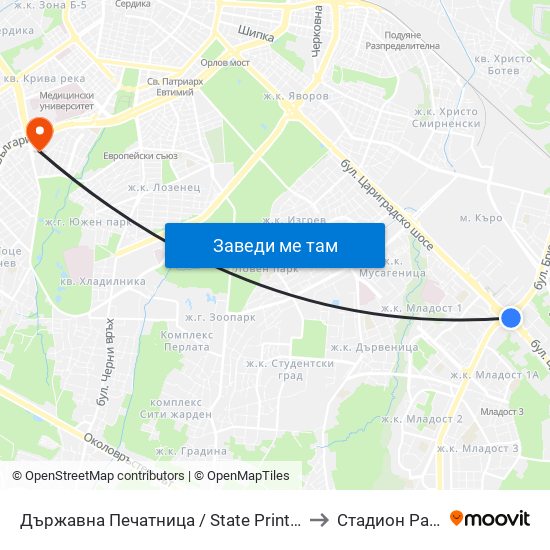 Държавна Печатница / State Printing House (0555) to Стадион Раковски map