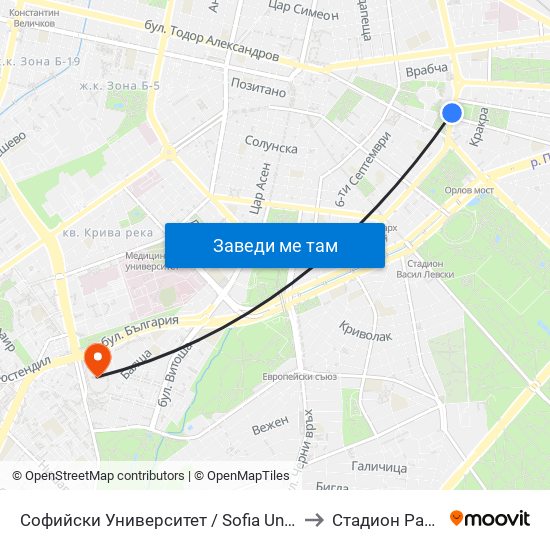 Софийски Университет / Sofia University (1698) to Стадион Раковски map