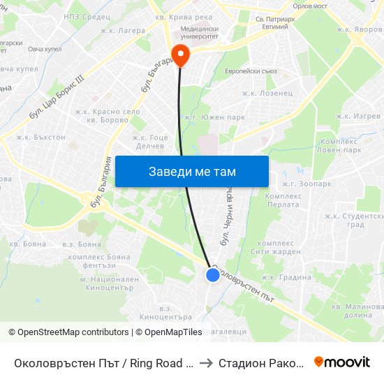 Околовръстен Път / Ring Road (1177) to Стадион Раковски map