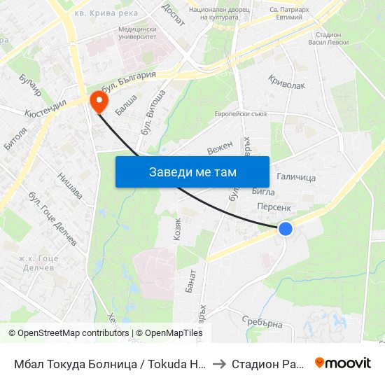Мбал Токуда Болница / Tokuda Hospital (0206) to Стадион Раковски map
