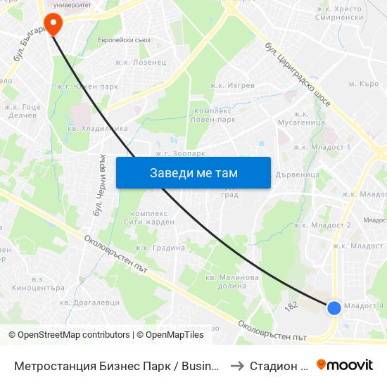 Метростанция Бизнес Парк / Business Park Metro Station (2490) to Стадион Раковски map