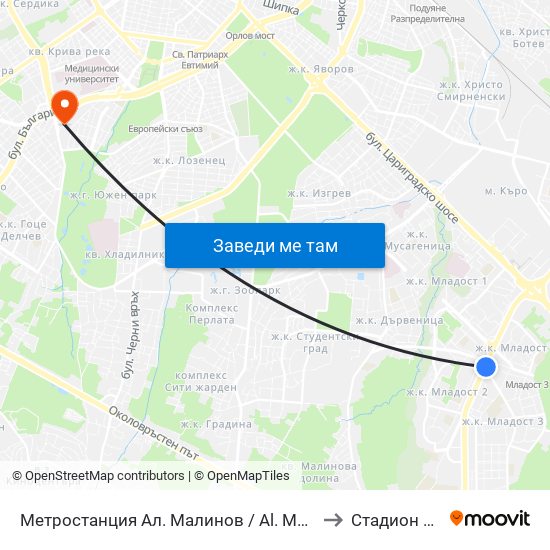 Метростанция Ал. Малинов / Al. Malinov Metro Station (0170) to Стадион Раковски map