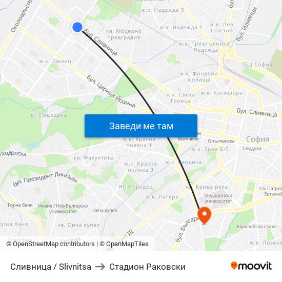 Сливница / Slivnitsa to Стадион Раковски map
