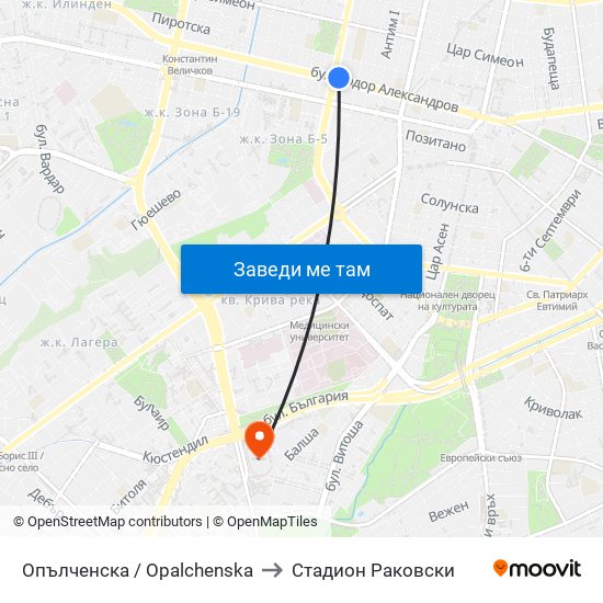 Опълченска / Opalchenska to Стадион Раковски map
