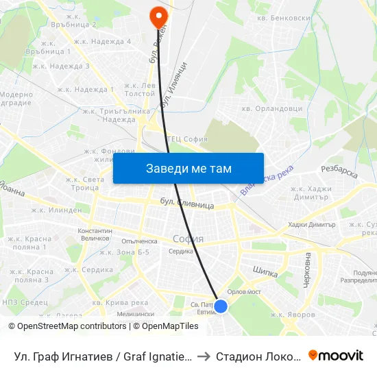 Ⓜ️ Ул. Граф Игнатиев / Graf Ignatiev St. (1914) to Стадион Локомотив map