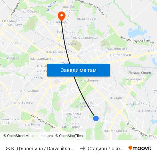 Ж.К. Дървеница / Darvenitsa Qr. (0801) to Стадион Локомотив map