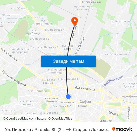 Ул. Пиротска / Pirotska St. (2111) to Стадион Локомотив map