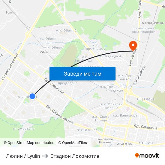Люлин / Lyulin to Стадион Локомотив map