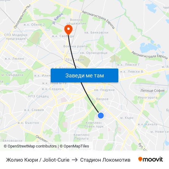 Жолио Кюри / Joliot-Curie to Стадион Локомотив map