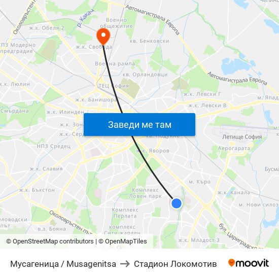 Мусагеница /  Musagenitsa to Стадион Локомотив map