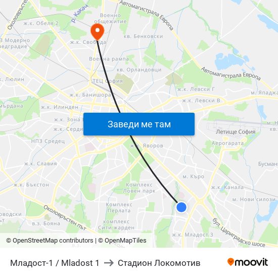 Младост-1 / Mladost 1 to Стадион Локомотив map