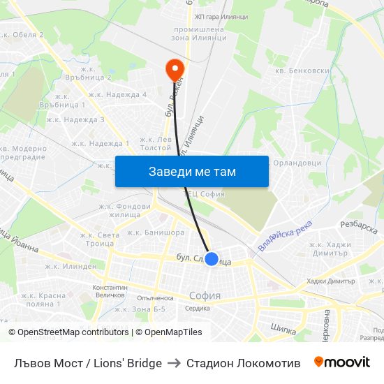 Лъвов Мост / Lions' Bridge to Стадион Локомотив map