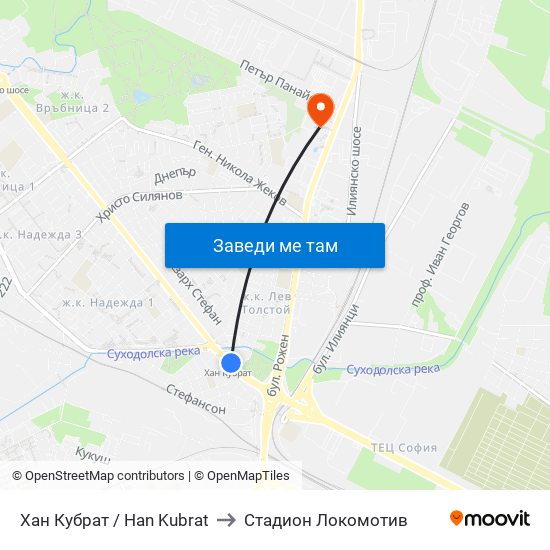 Хан Кубрат / Han Kubrat to Стадион Локомотив map