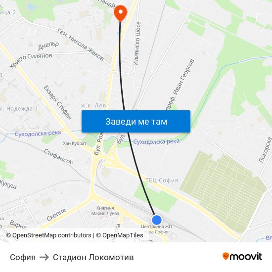 София to Стадион Локомотив map