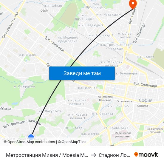 Метростанция Мизия / Moesia Metro Station (6089) to Стадион Локомотив map