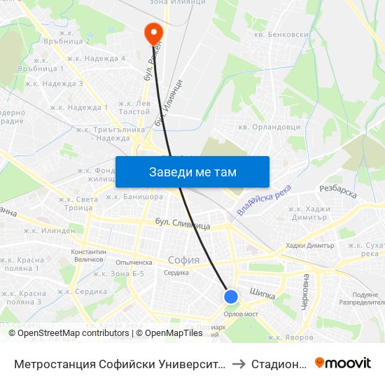 Метростанция Софийски Университет / Sofia University Metro Station (2827) to Стадион Локомотив map