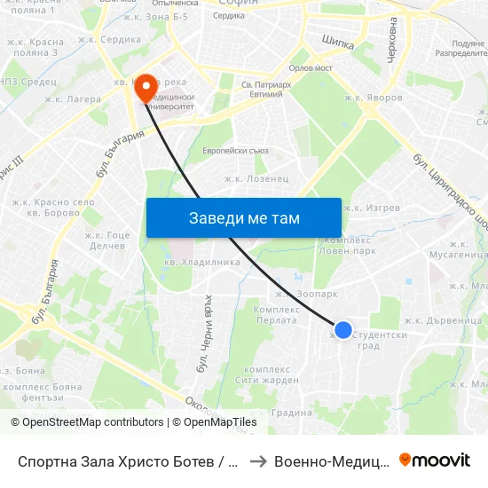 Спортна Зала Христо Ботев / Hristo Botev Sports Hall (1611) to Военно-Медицинска Академия map