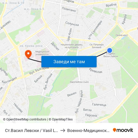 Ст.Васил Левски / Vasil Levski Stadium to Военно-Медицинска Академия map