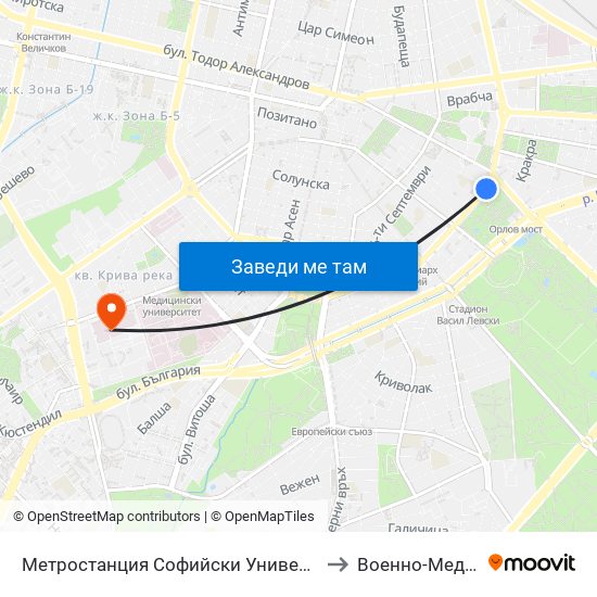 Метростанция Софийски Университет / Sofia University Metro Station (2827) to Военно-Медицинска Академия map