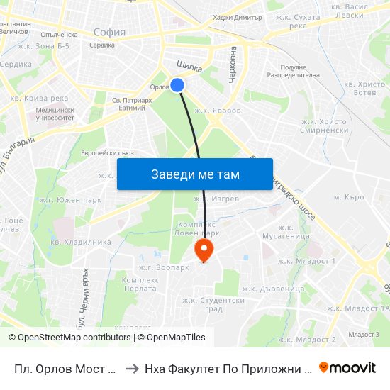 Пл. Орлов Мост / Eagles' Bridge Sq. (1287) to Нха Факултет По Приложни Изкуства-Текстил И Керамика-Филиал map