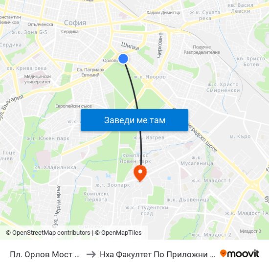 Пл. Орлов Мост / Eagles' Bridge Sq. (1288) to Нха Факултет По Приложни Изкуства-Текстил И Керамика-Филиал map