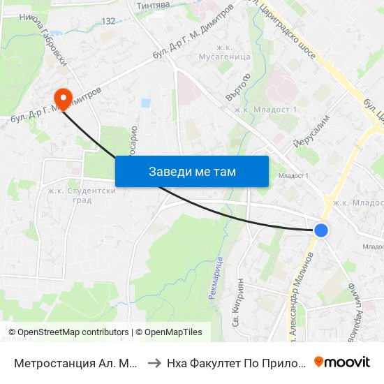 Метростанция Ал. Малинов / Al. Malinov Metro Station (0170) to Нха Факултет По Приложни Изкуства-Текстил И Керамика-Филиал map