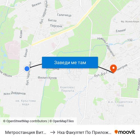 Метростанция Витоша / Vitosha Metro Station (2755) to Нха Факултет По Приложни Изкуства-Текстил И Керамика-Филиал map