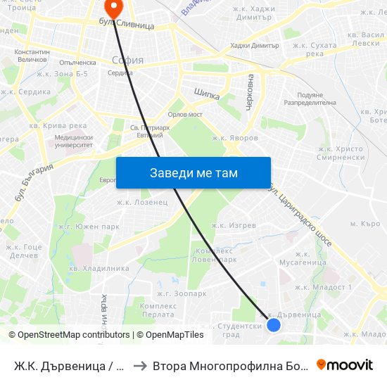 Ж.К. Дървеница / Darvenitsa Qr. (0800) to Втора Многопрофилна Болница За Активно Лечение map