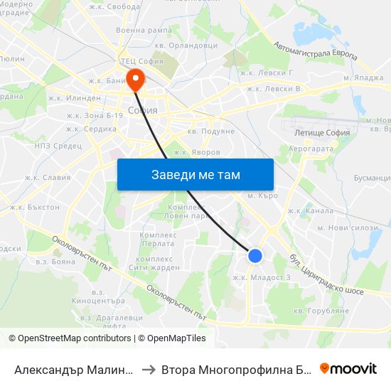 Александър Малинов / Aleksandar Malinov to Втора Многопрофилна Болница За Активно Лечение map